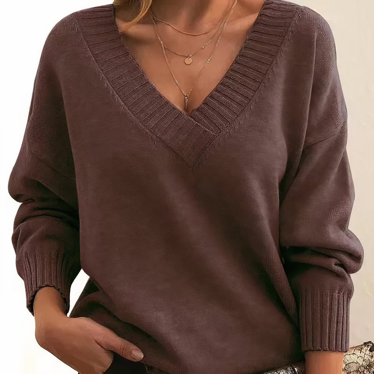 Pull Col V Femme Manches Longues Mélange Cachemire Oversize Casual Hiver - Hiverline