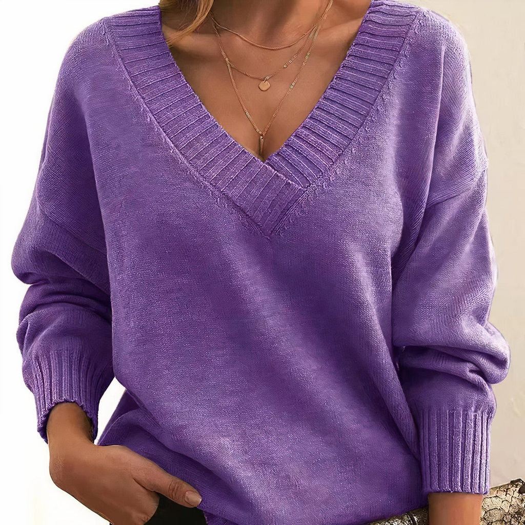 Pull Col V Femme Manches Longues Mélange Cachemire Oversize Casual Hiver - Hiverline