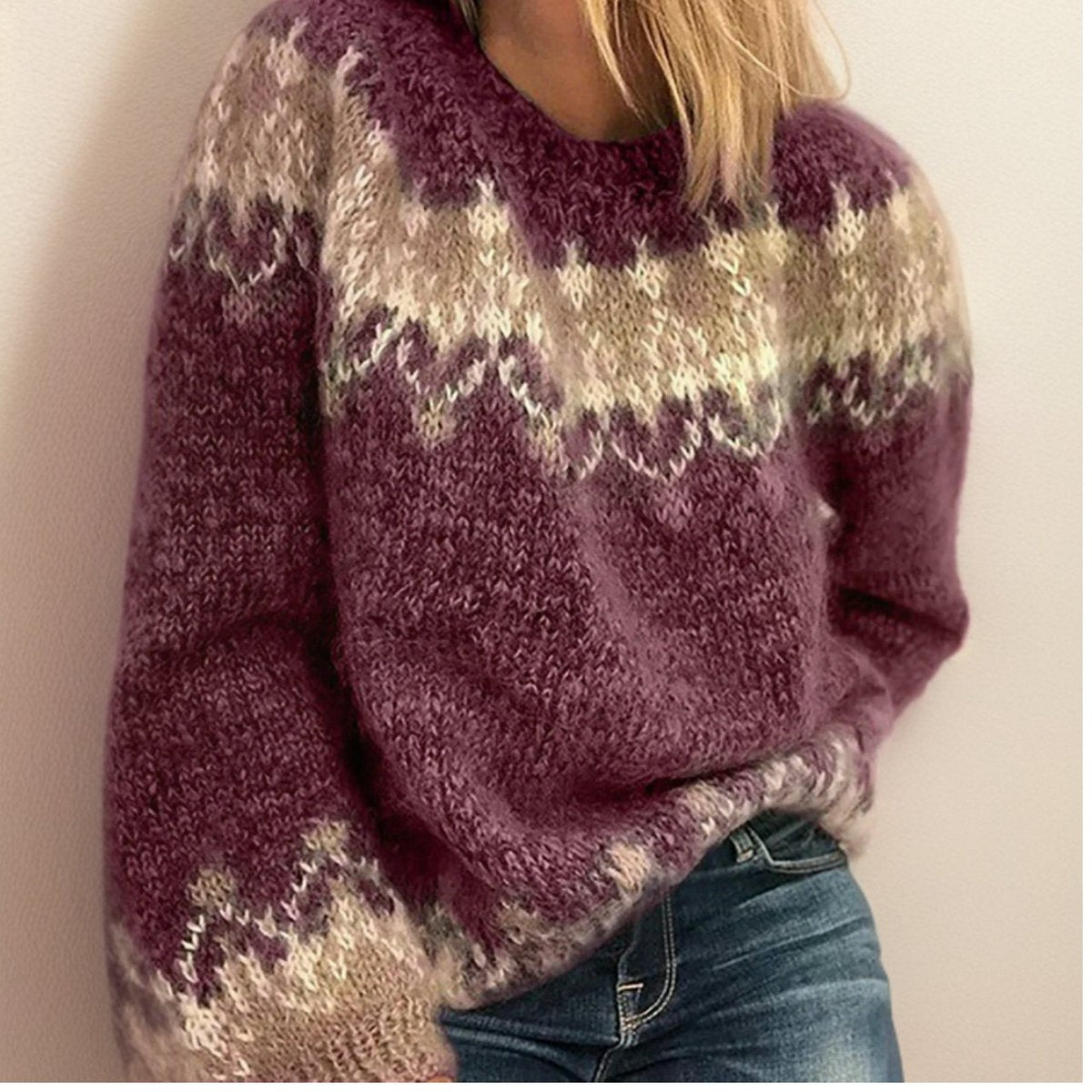 Pull en Tricot Fair Isle Femme Col Rond Oversize Motif Jacquard Nordique Hiver - Hiverline