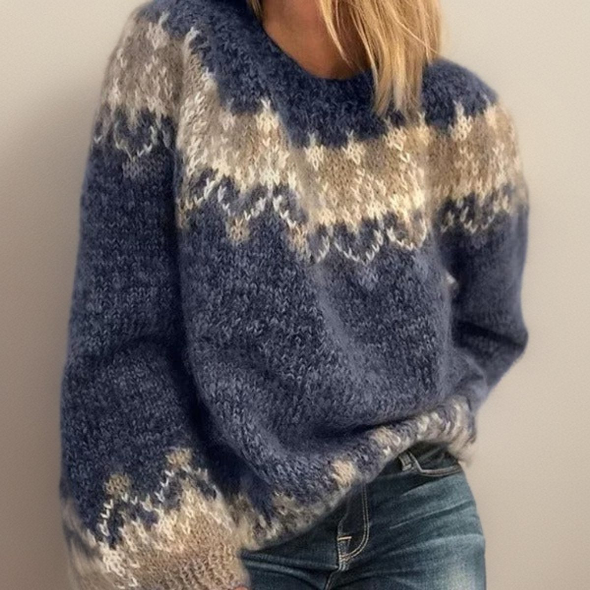 Pull en Tricot Fair Isle Femme Col Rond Oversize Motif Jacquard Nordique Hiver - Hiverline