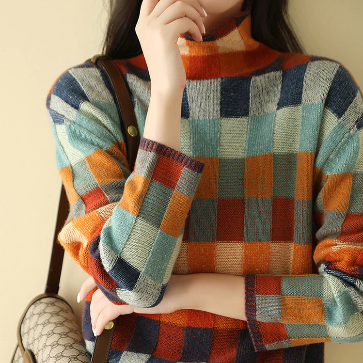 Pull Femme à Carreaux Colorés Col Montant Oversize Casual Hiver - Hiverline