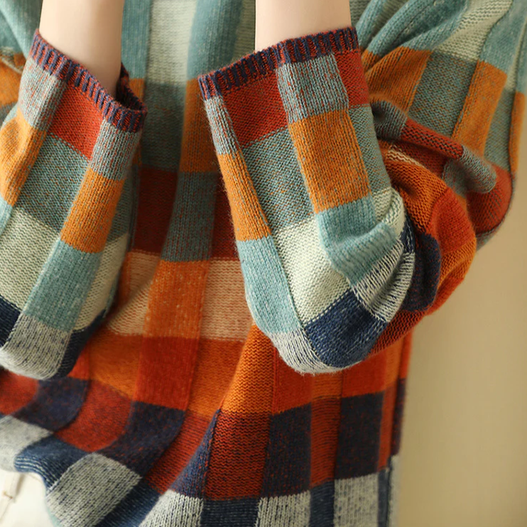 Pull Femme à Carreaux Colorés Col Montant Oversize Casual Hiver - Hiverline