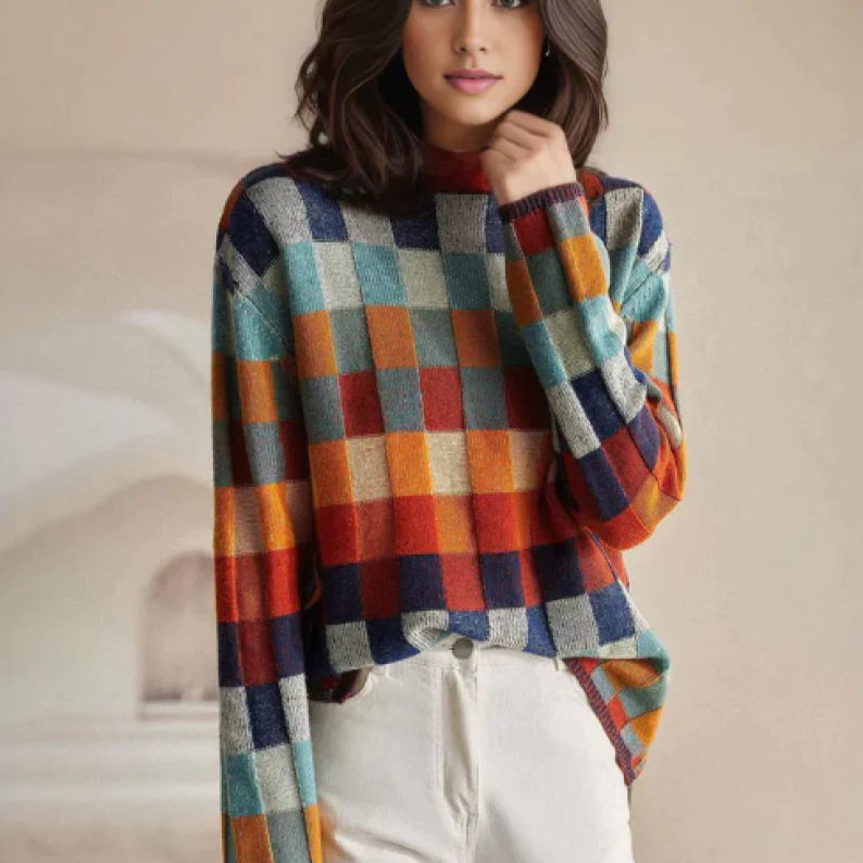 Pull Femme à Carreaux Colorés Col Montant Oversize Casual Hiver - Hiverline