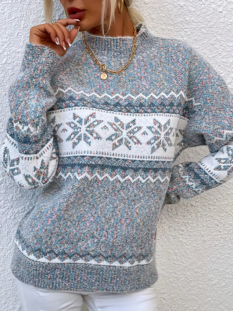 Pull Femme à Motif Flocon de Neige Col Montant Tricot Jacquard Hiver - Hiverline