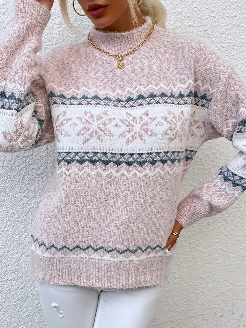 Pull Femme à Motif Flocon de Neige Col Montant Tricot Jacquard Hiver - Hiverline