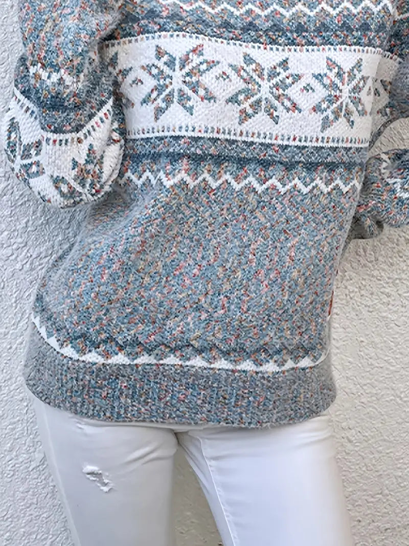 Pull Femme à Motif Flocon de Neige Col Montant Tricot Jacquard Hiver - Hiverline
