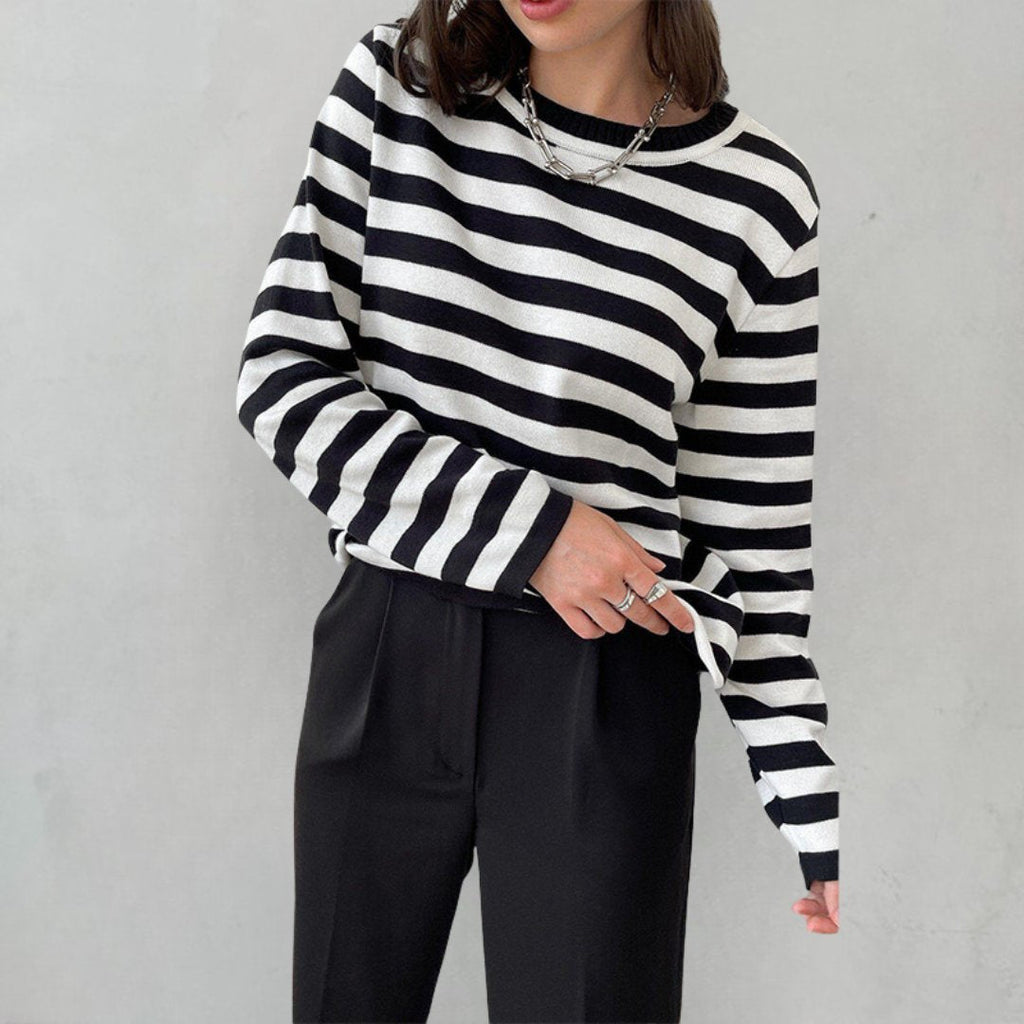 Pull Femme à Rayures Nautiques Col Rond Manches Longues Coupe Décontractée - Hiverline