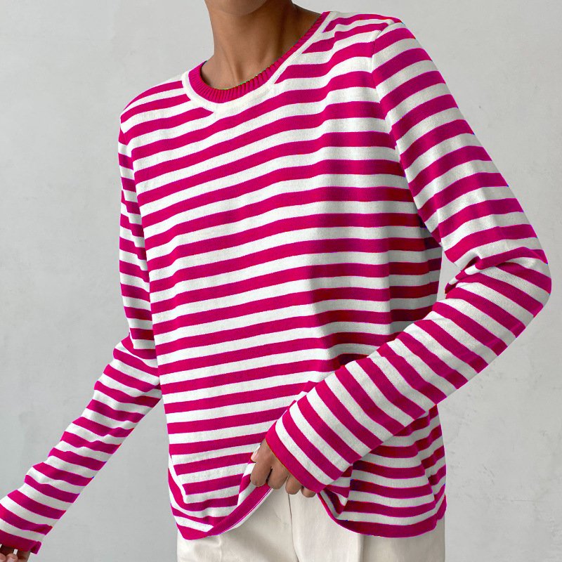 Pull Femme à Rayures Nautiques Col Rond Manches Longues Coupe Décontractée - Hiverline