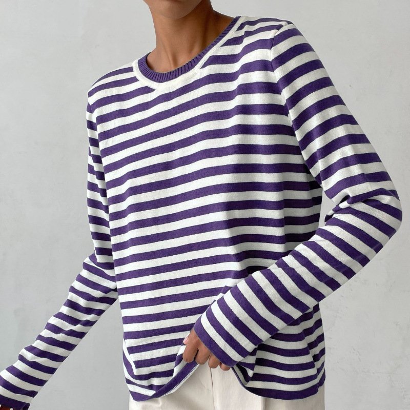 Pull Femme à Rayures Nautiques Col Rond Manches Longues Coupe Décontractée - Hiverline