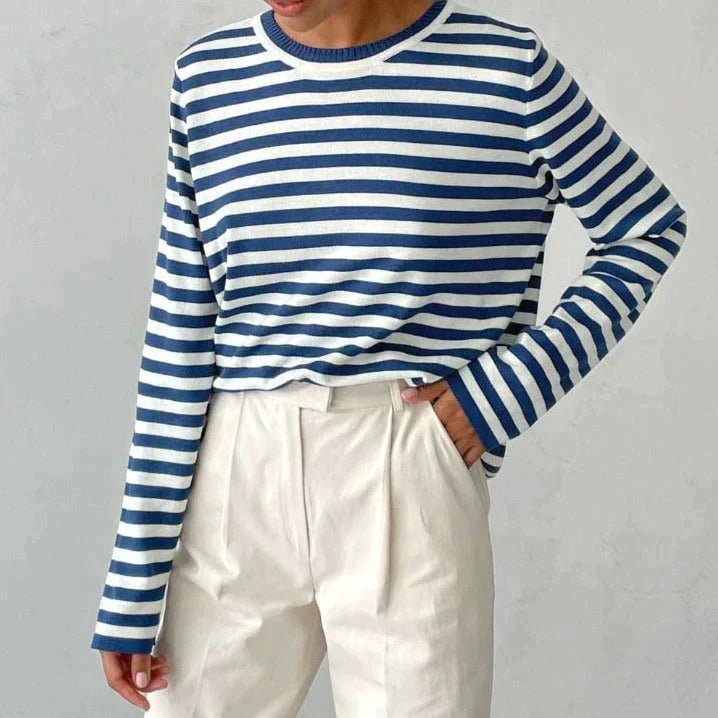 Pull Femme à Rayures Nautiques Col Rond Manches Longues Coupe Décontractée - Hiverline