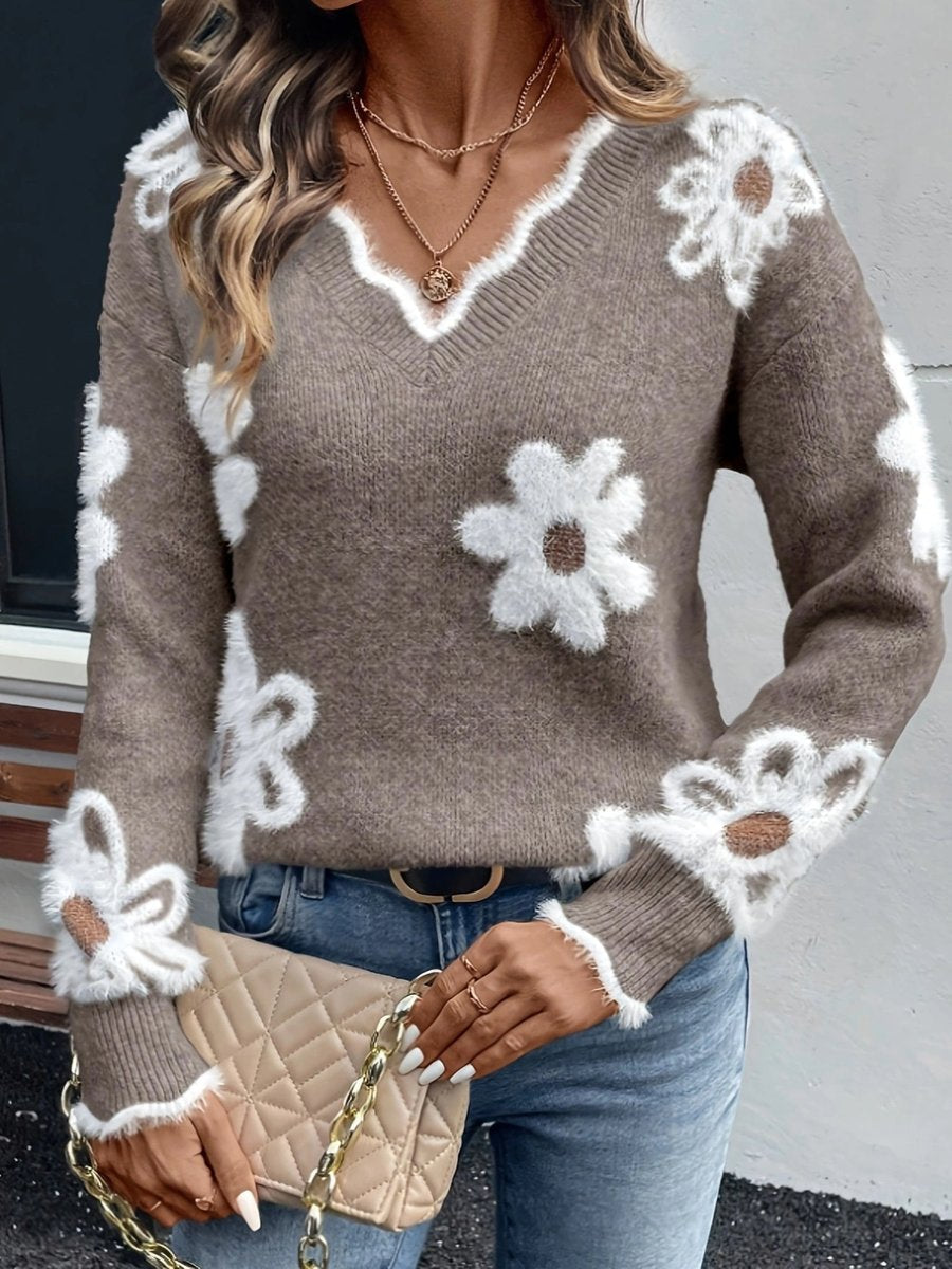 Pull Femme Col en V Motif Floral Marguerite Tricot Flou Casual Hiver - Hiverline