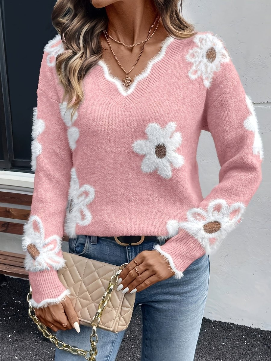 Pull Femme Col en V Motif Floral Marguerite Tricot Flou Casual Hiver - Hiverline