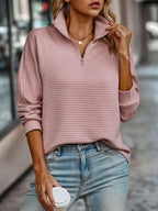 Pull Femme Col Montant Zip Quart Côtelé Casual Automne Hiver - Hiverline