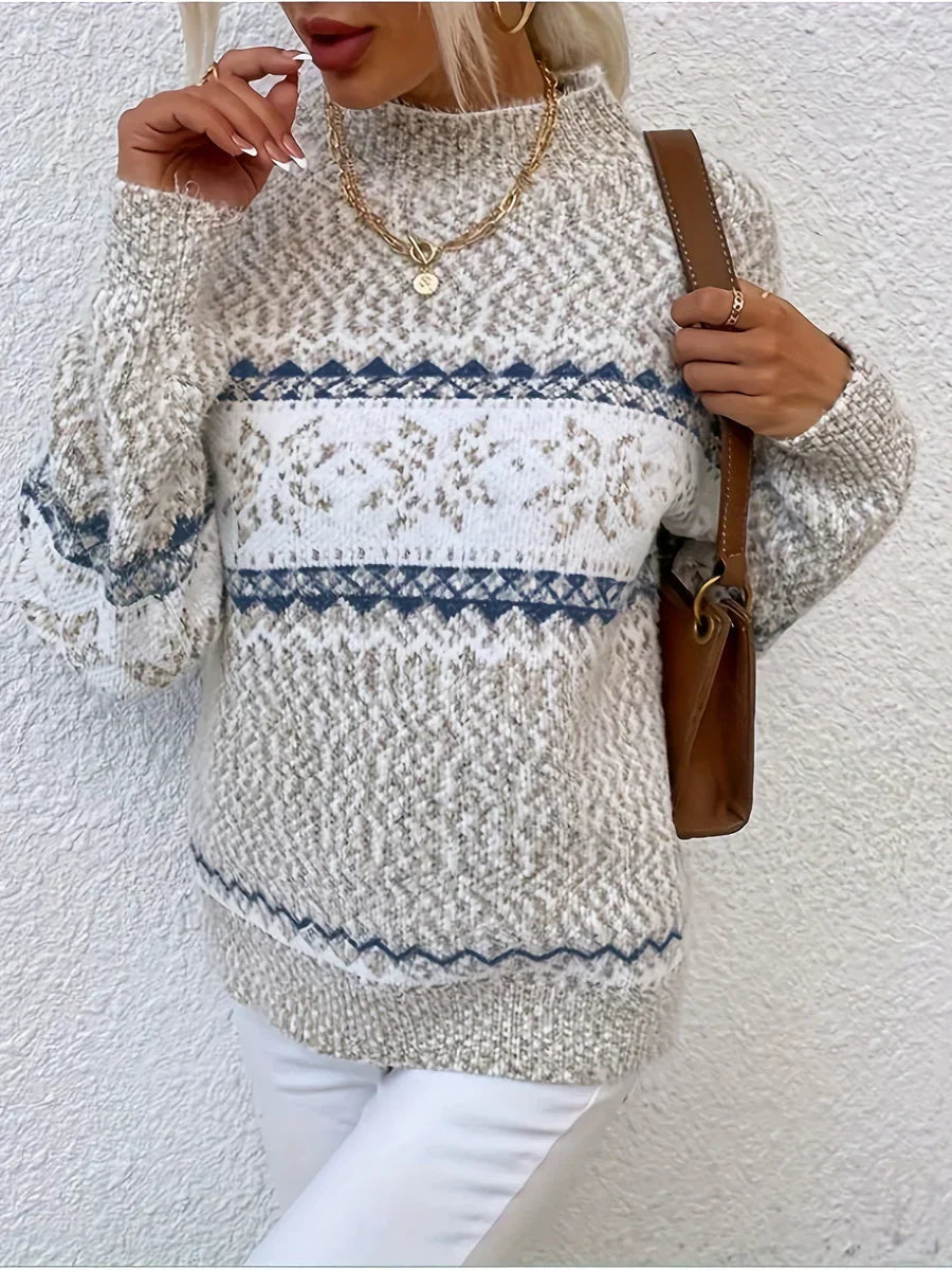 Pull Femme Col Rond Jacquard Flocons de Neige Oversized Casual Hiver - Hiverline