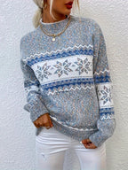 Pull Femme Col Rond Jacquard Flocons de Neige Oversized Casual Hiver - Hiverline
