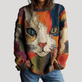 Pull Femme Col Rond Motif Chat Patchwork Tricoté Oversize Casual Hiver - Hiverline