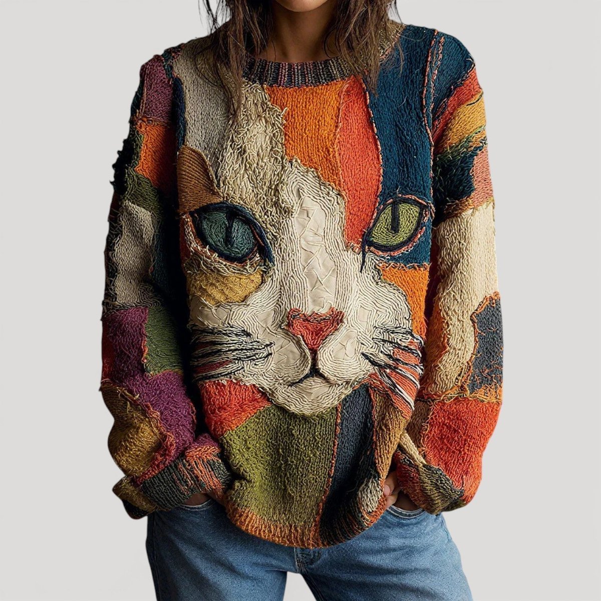 Pull Femme Col Rond Motif Chat Patchwork Tricoté Oversize Casual Hiver - Hiverline