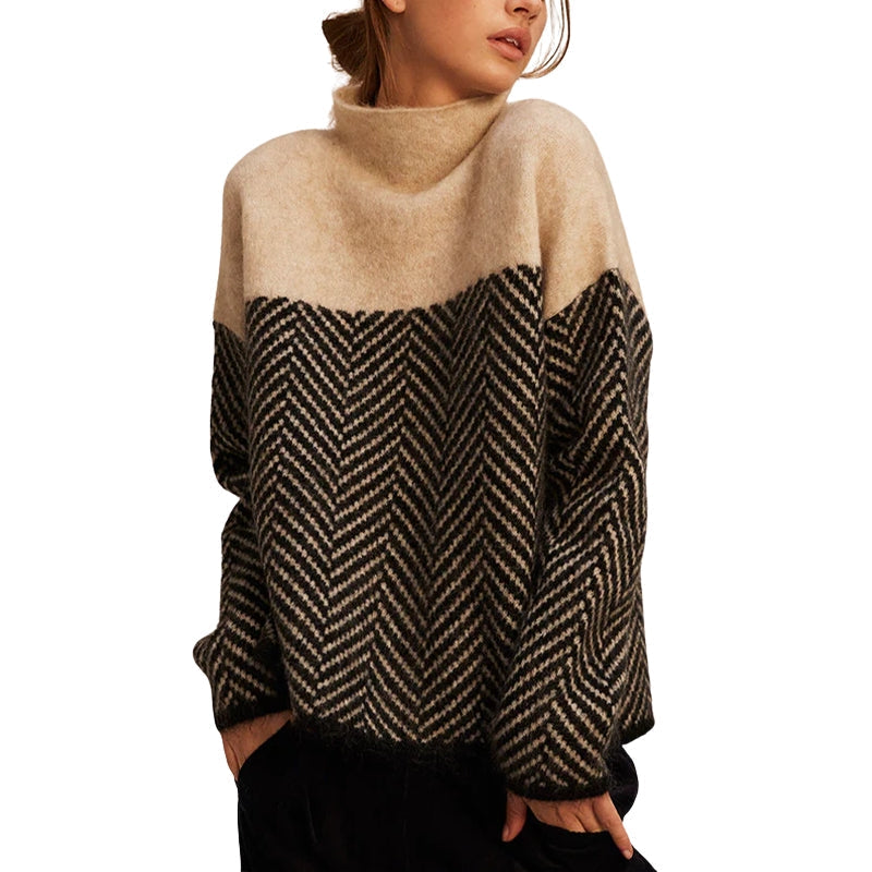 Pull Femme Col Roulé Color Block Motif Chevrons Oversize - Hiverline