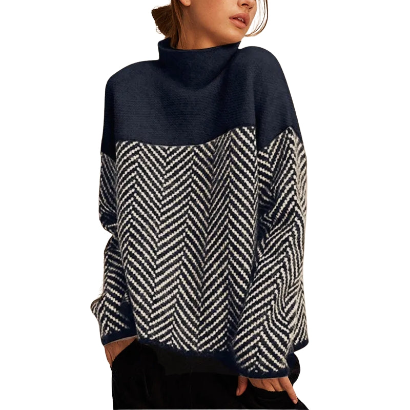 Pull Femme Col Roulé Color Block Motif Chevrons Oversize - Hiverline
