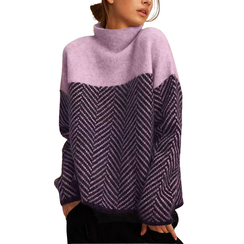 Pull Femme Col Roulé Color Block Motif Chevrons Oversize - Hiverline