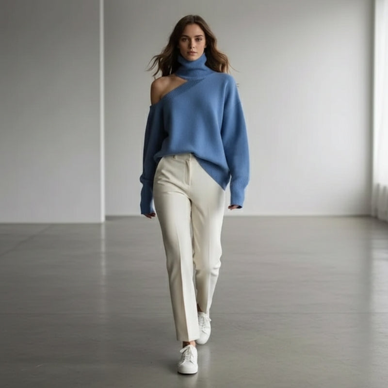 Pull Femme Col Roulé Épaule Dénudée Manches Longues Oversize - Hiverline