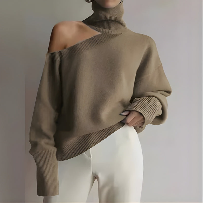 Pull Femme Col Roulé Épaule Dénudée Manches Longues Oversize - Hiverline