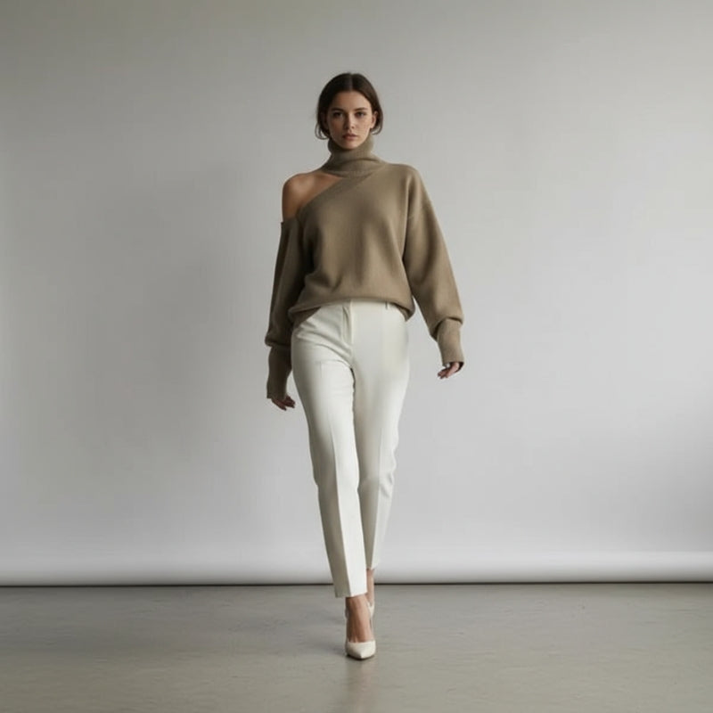 Pull Femme Col Roulé Épaule Dénudée Manches Longues Oversize - Hiverline