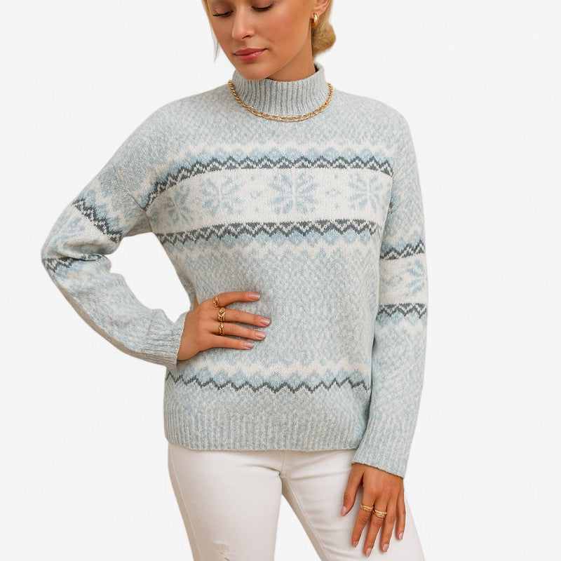 Pull Femme Col Roulé Jacquard Flocons de Neige Manches Longues - Hiverline