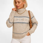 Pull Femme Col Roulé Jacquard Flocons de Neige Manches Longues - Hiverline