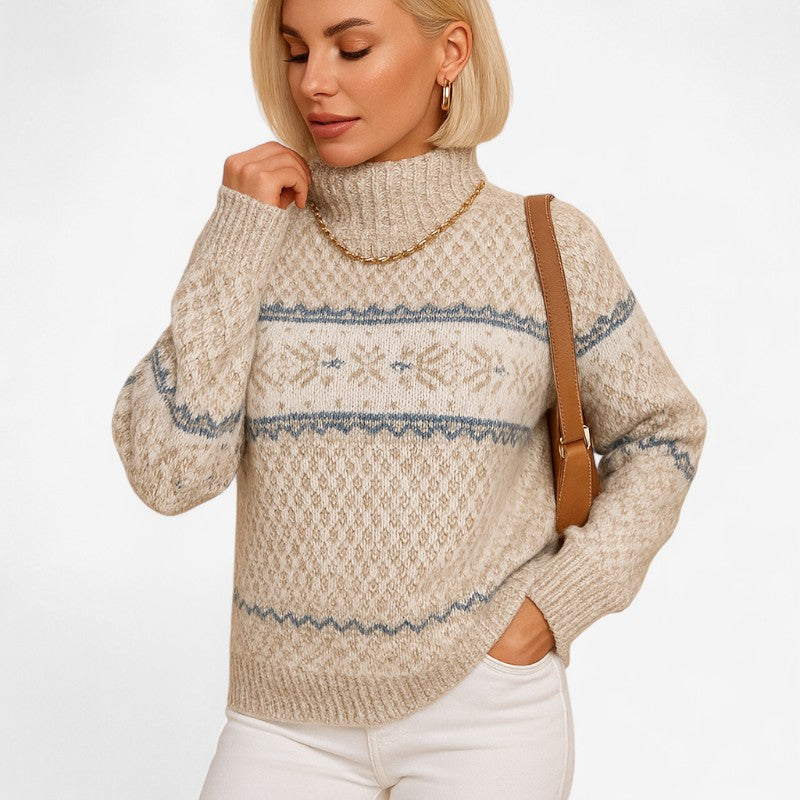 Pull Femme Col Roulé Jacquard Flocons de Neige Manches Longues - Hiverline