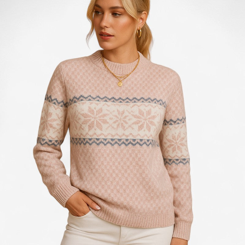 Pull Femme Col Roulé Jacquard Flocons de Neige Manches Longues - Hiverline