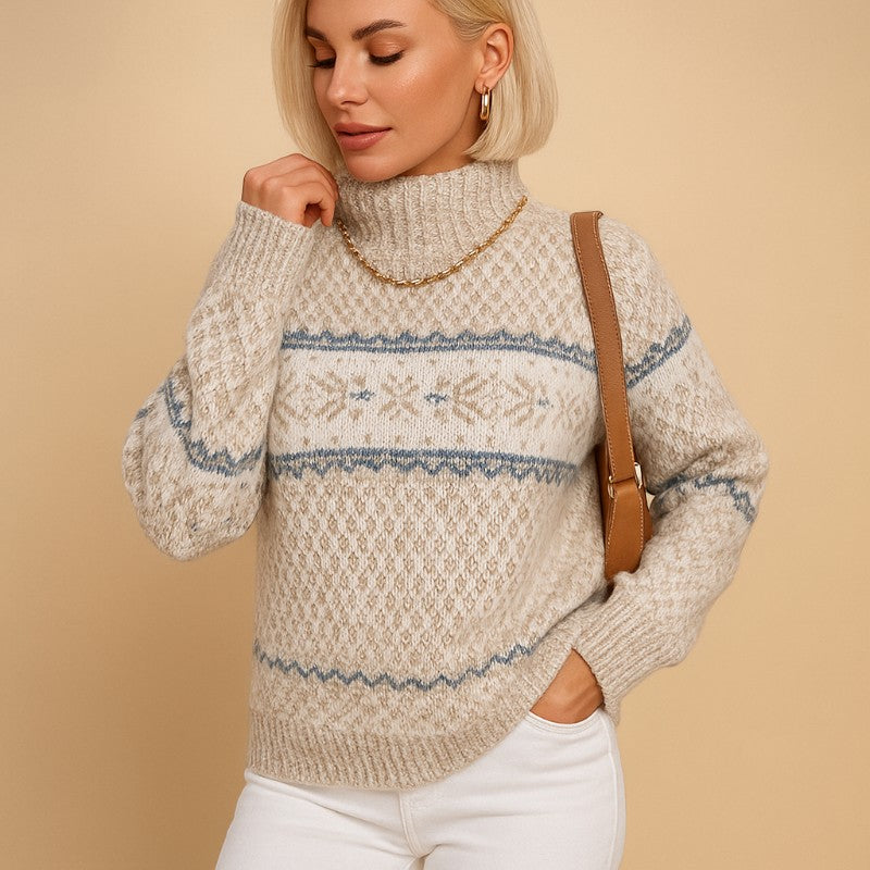 Pull Femme Col Roulé Jacquard Flocons de Neige Manches Longues - Hiverline