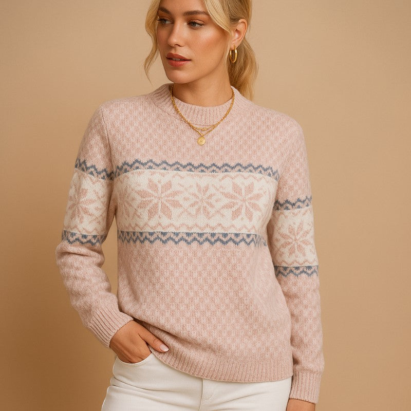Pull Femme Col Roulé Jacquard Flocons de Neige Manches Longues - Hiverline