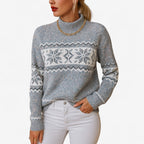 Pull Femme Col Roulé Jacquard Flocons de Neige Manches Longues - Hiverline