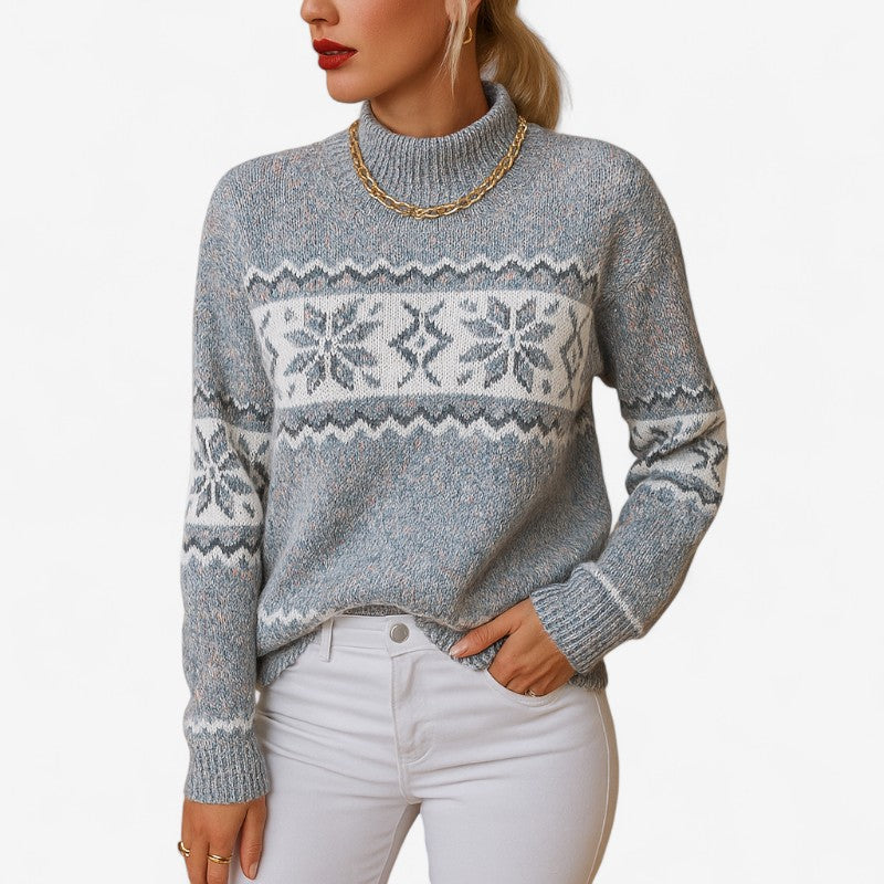 Pull Femme Col Roulé Jacquard Flocons de Neige Manches Longues - Hiverline