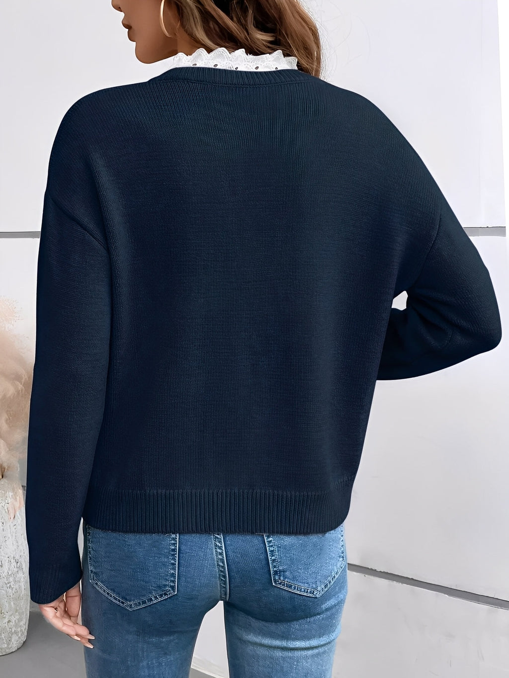 Pull Femme Col V Dentelle Manches Longues Casual Automne Hiver - Hiverline