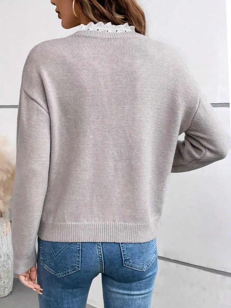 Pull Femme Col V Dentelle Manches Longues Casual Automne Hiver - Hiverline