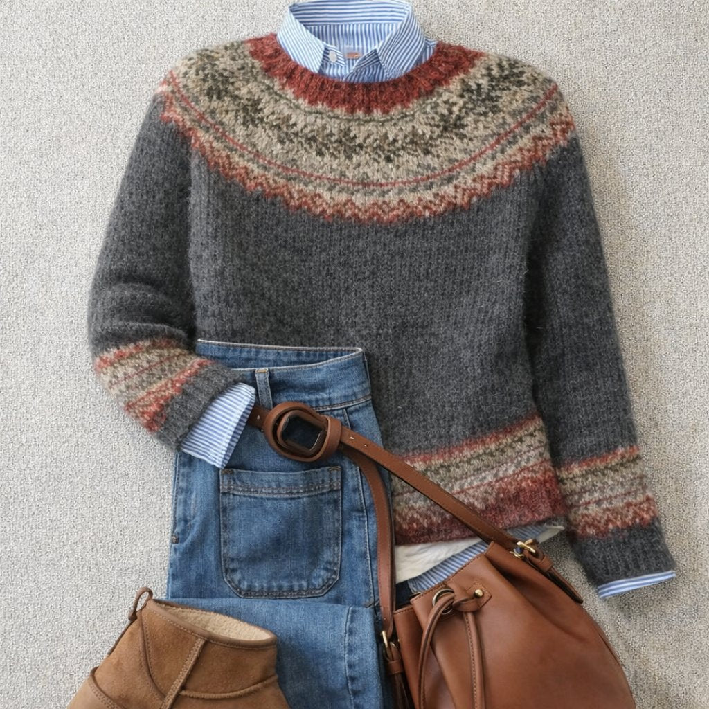Pull Femme Fair Isle Col Rond Tricot Nordique Oversize Casual Hiver - Hiverline