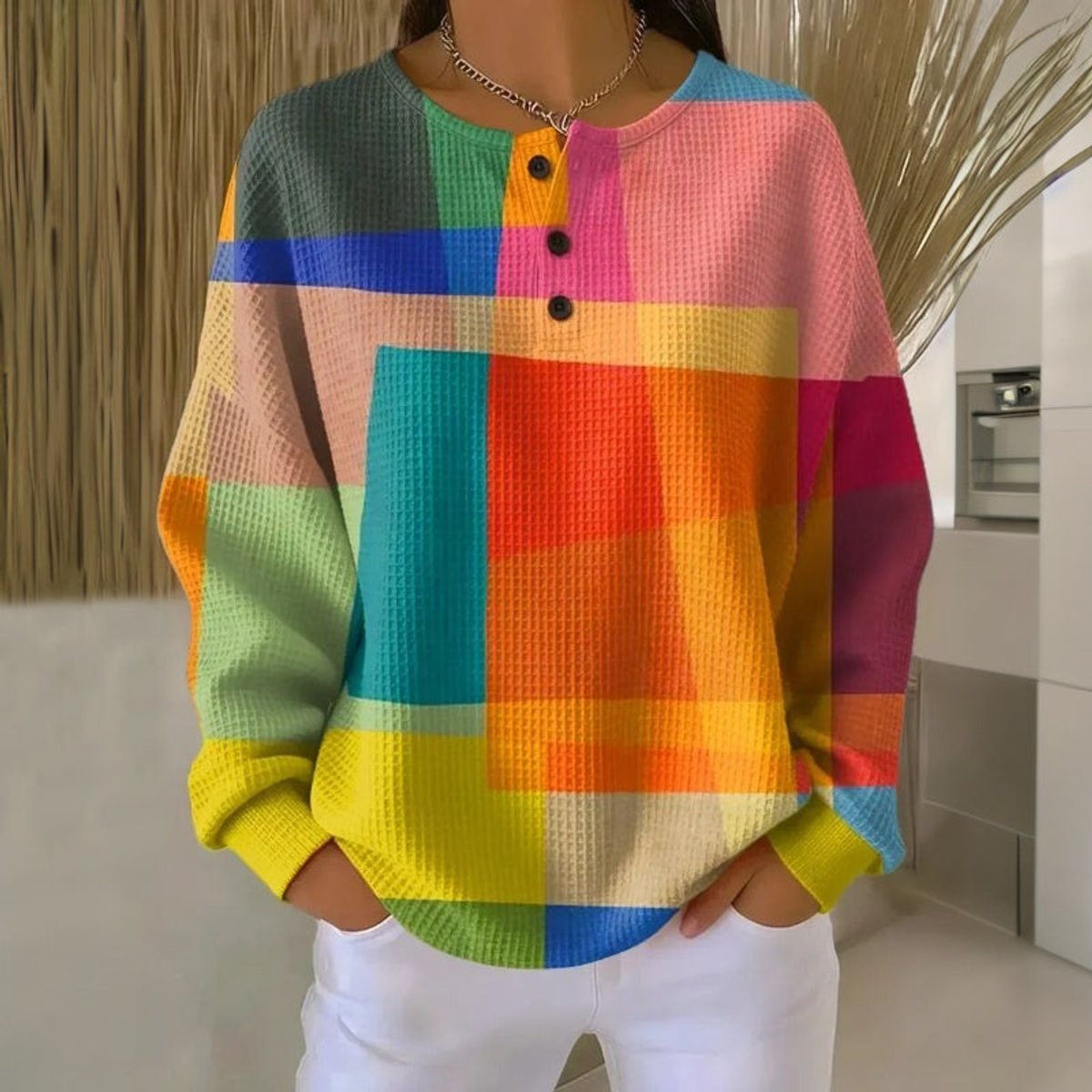 Pull Femme Henley Manches Longues Tricot Waffle Colorblock Multicolore - Hiverline