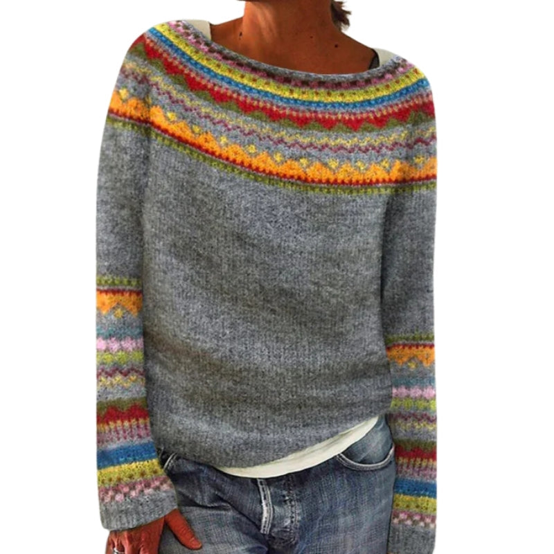 Pull Femme Jacquard Rayé Multicolore Col Rond Manches Longues - Hiverline