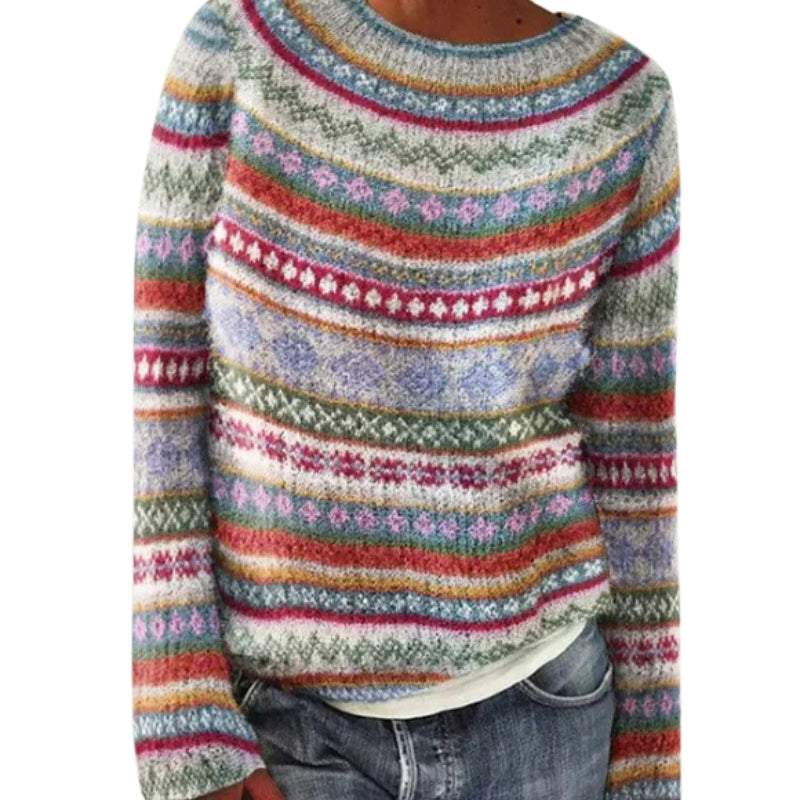 Pull Femme Jacquard Rayé Multicolore Col Rond Manches Longues - Hiverline