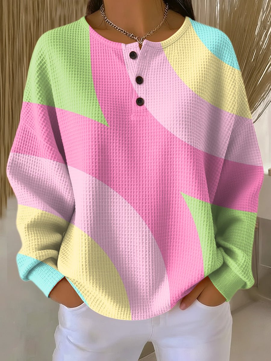 Pull Femme Maille Gaufrée Oversize à Boutons Henley Manches Longues Automne - Hiverline