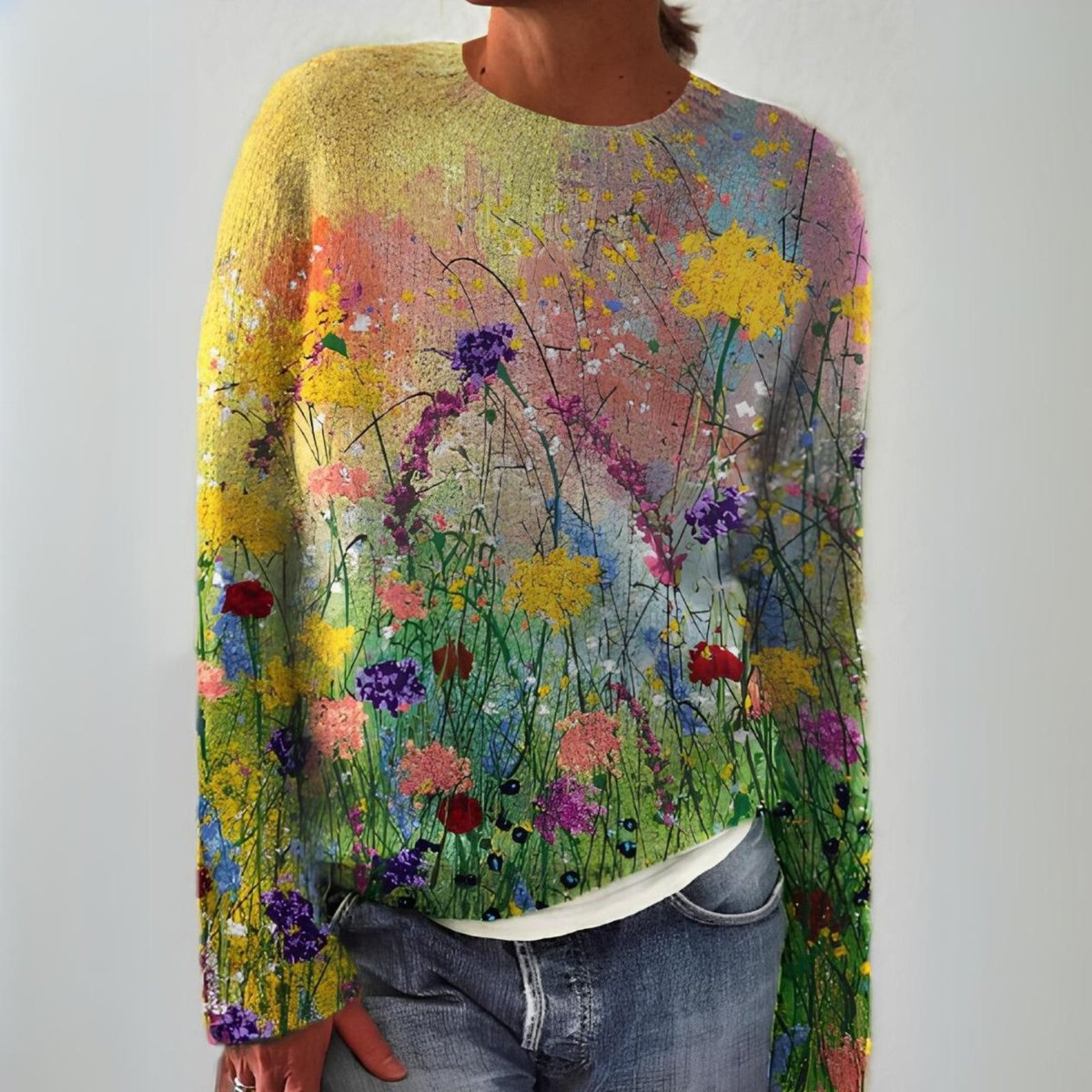 Pull Femme Manches Longues Col Rond Imprimé Floral Prairie Décontracté Casual - Hiverline