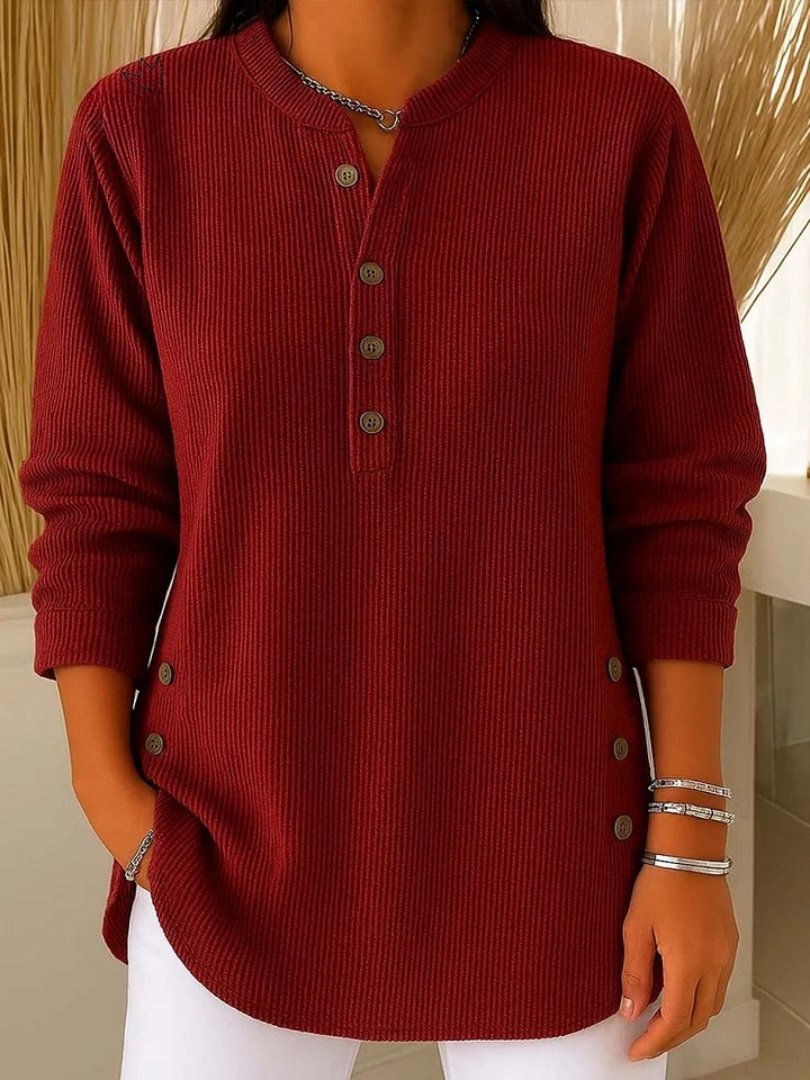 Pull Femme Manches Longues Tricot Côtelé Col Rond Boutons Décontracté Casual - Hiverline