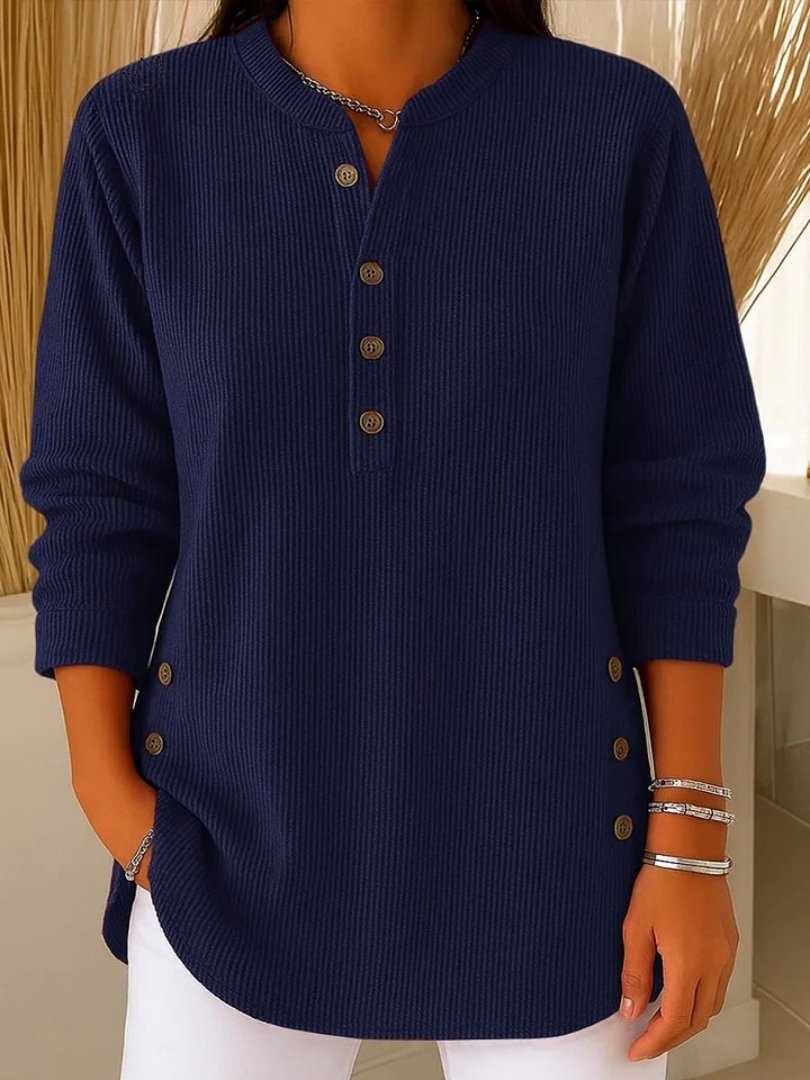 Pull Femme Manches Longues Tricot Côtelé Col Rond Boutons Décontracté Casual - Hiverline
