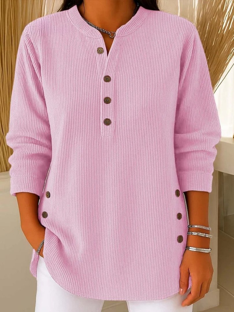Pull Femme Manches Longues Tricot Côtelé Col Rond Boutons Décontracté Casual - Hiverline