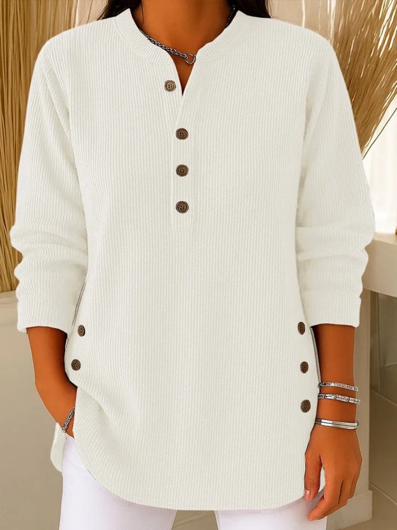Pull Femme Manches Longues Tricot Côtelé Col Rond Boutons Décontracté Casual - Hiverline