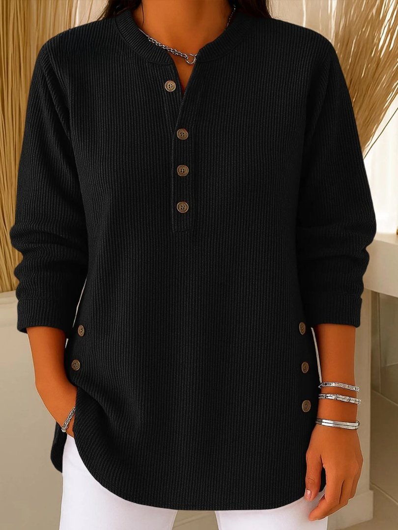 Pull Femme Manches Longues Tricot Côtelé Col Rond Boutons Décontracté Casual - Hiverline
