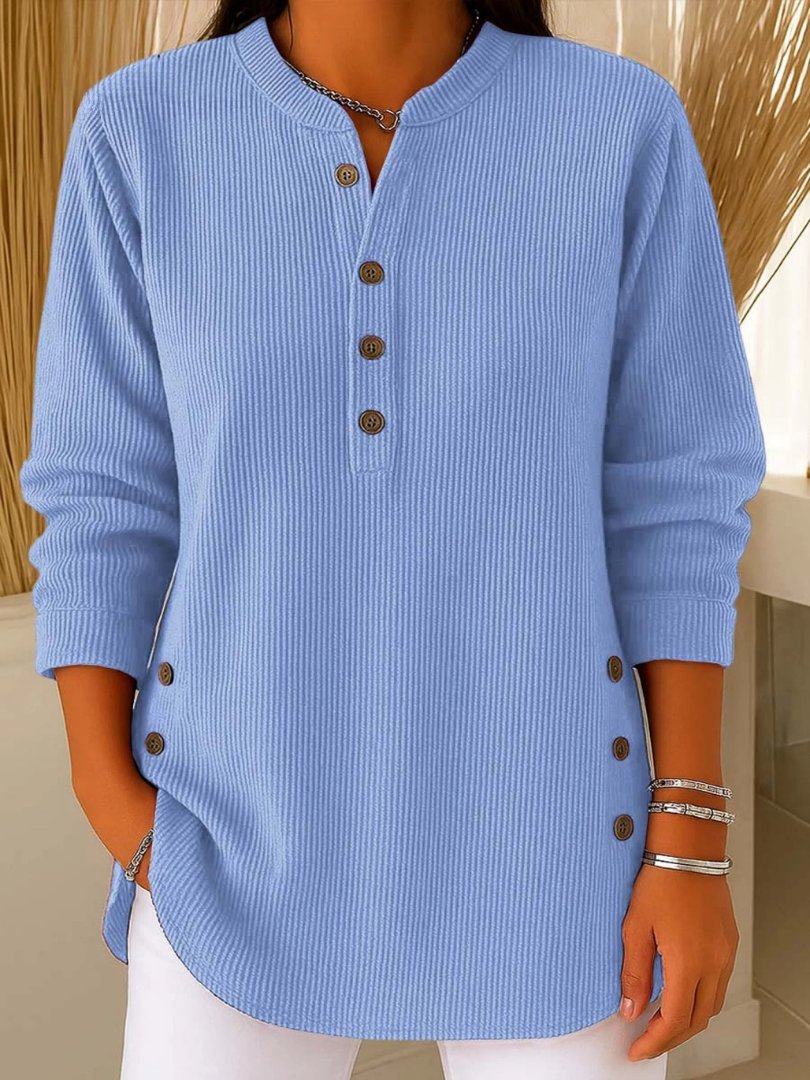 Pull Femme Manches Longues Tricot Côtelé Col Rond Boutons Décontracté Casual - Hiverline