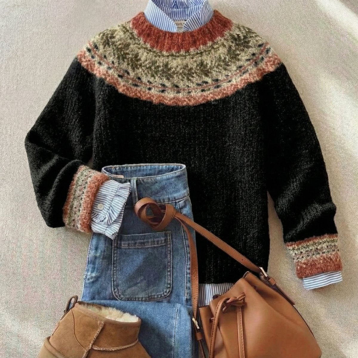 Pull Femme Motif Fair Isle Nordique Col Rond Oversize Casual Hiver - Hiverline